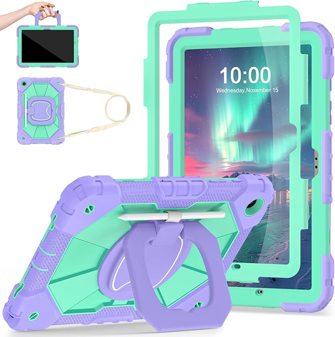 Case for Galaxy Tab A11+/A9+ Plus 11 Inch with Screen Protector 360 Rotating Stand Military Grade Shockproof Cover for Samsung A11 Plus/A9 Plus Tablet CasesPurple Green