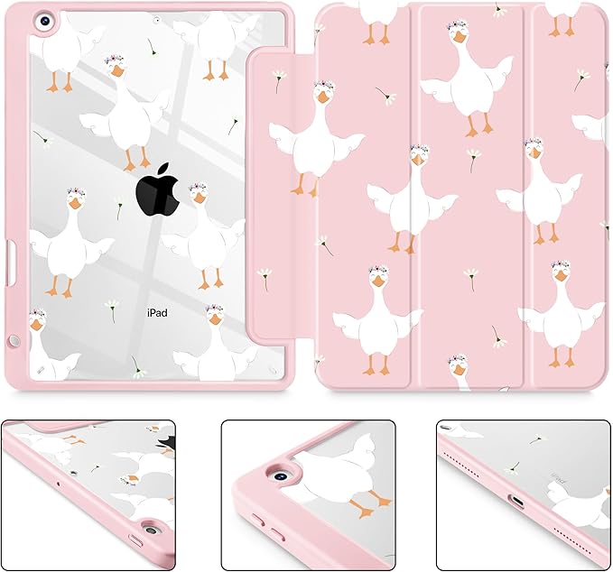 May Chen for iPad 9th Generation with Pencil Holder iPad 8th/7th Gen Case 10.2-inch [Penceil Holder] Trifold Stand Auto Wake/Sleep Clear TPU Protection Back Cover Goose Flower