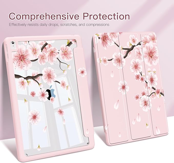 Teryeefi for iPad 10.2 case 9 Generation Built in Pencil Holder - Stand-Auto Wake/Sleep TPU Protection Stand Clear Back Cover for 2021 2020 2019 iPad 7th/8th/9th Case (Cherry Blossoms)