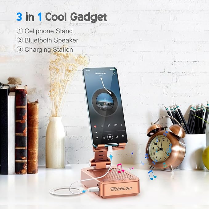 TechGlow Gifts for Men Women Foldable Cellphone Stand with Bluetooth Speaker and Charging Function 360° Rotatable Phone Stand Birthday Gift Idea for Mom Dad Cool Tech Gifts-Rose Gold