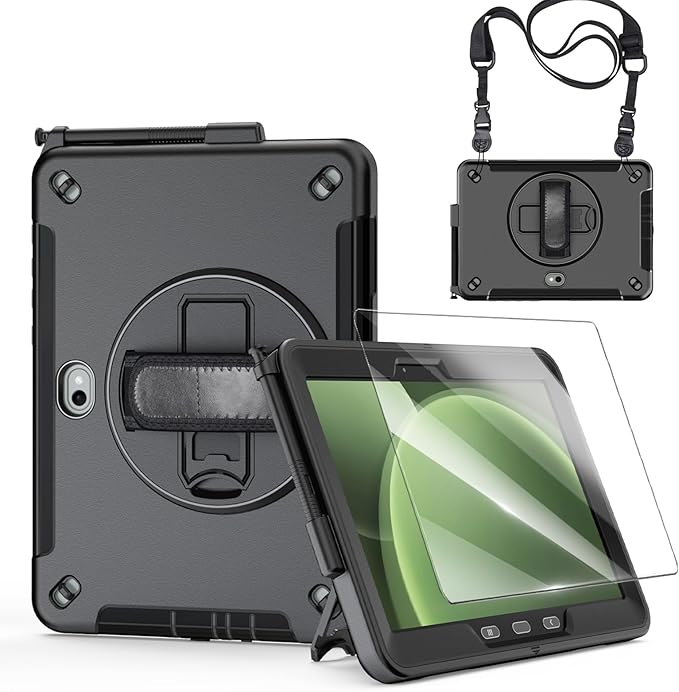 Junfire Shockproof Case for Samsung Galaxy Tab Active5 Pro 2025/ Active4 Pro 2022 Heavy Duty Rugged Case with Screen Protector/Hand Strap/360°Rotating Stand/Shoulder Belt/Pencil Holder Black