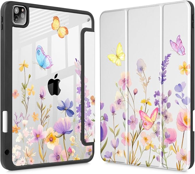 Tuiklol for iPad Pro 11 Inch Case M2 2022 Generation 4th -Built-in Pencil Holder Shockproof Cover Clear Transparent Back Shell Fit for iPad 11’’ 2021 2020 2018 Gen 3rd/2nd/1st for Kid Purple Flower