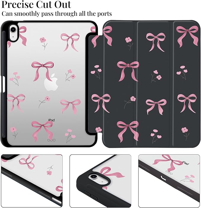 Cute Case for iPad Pro 13-inch (M4) 2024 Pink Bow Tie Flower Clear Hard Back Hybrid Casewith Pencil Holder Trifold Stand Slim Tablet Cover for Girls Women