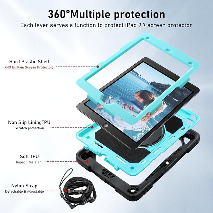 for iPad 6th Generation/iPad 5th Gen/iPad Air 2/iPad Pro 9.7 Case with Cute Key Chain Rugged Protective Case with Rotating Stand &amp Shoulder Hand Strap for iPad 6th/5th/ Air 2 (Black+Aqua)