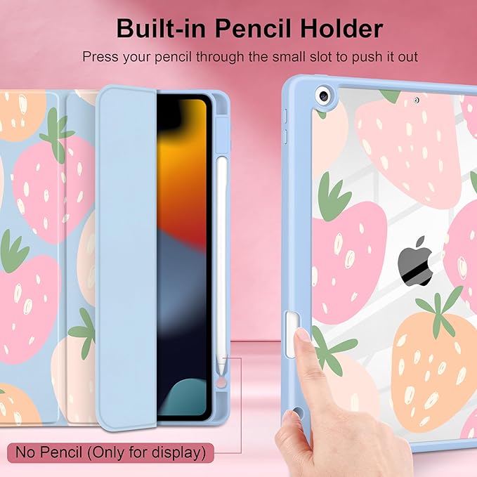MEEgoodo Case for iPad 10.2 inchTablet Cases for iPad 9th Generation 2021/8th Gen 2020/7th Gen 2019 with Clear Acrylic Back Shell+Pencil Holder+Auto Wake/Sleep+Trifold StandCute Drawn Strawberries