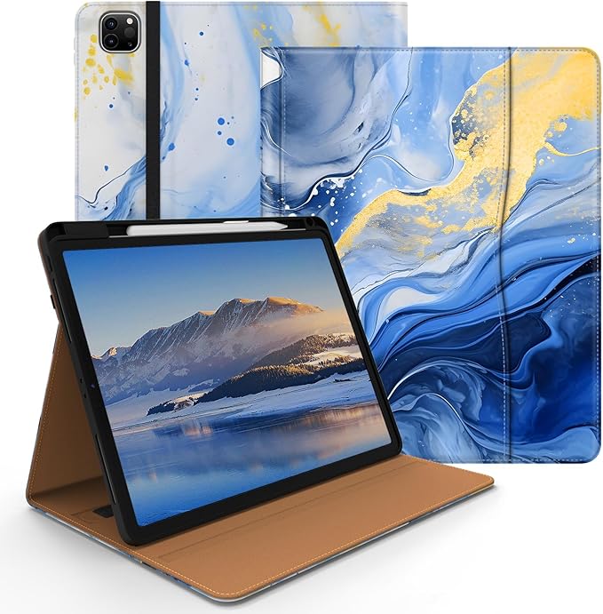 Case for iPad Pro 12.9 6th/5th/4th/3rd Generation 2022/2021/2020/2018 PU Leather 12.9 Cover with Pencil Holder/Multi-Angle Stand/PocketMarble Blue