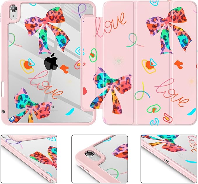 Mektron for 11th Generation iPad 11-inch A16 chip 2025 Cover with Pencil Holder Fit 10th Generation iPad 10.9-inch A14 chip 2022 Shockproof Clear Shell Neon Bows-Pink