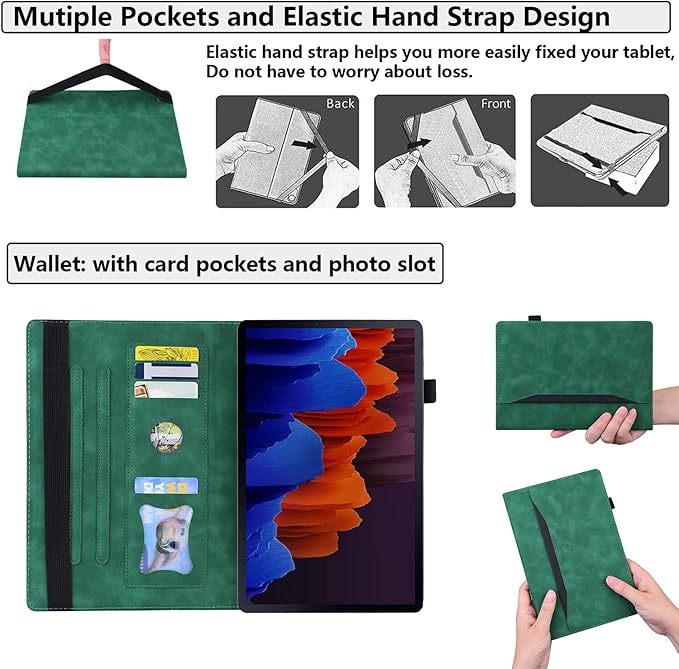 12.4 Inch Case for Samsung Galaxy Tab S8 Plus/S8+ 2022/S7 FE 2021/Tab S7 Plus/S7+ 2020 (SM-X800/T730/T970) with S Pen Holder Pocket &amp [Auto Wake/Sleep] Folding Stand PU Leather Cover Green