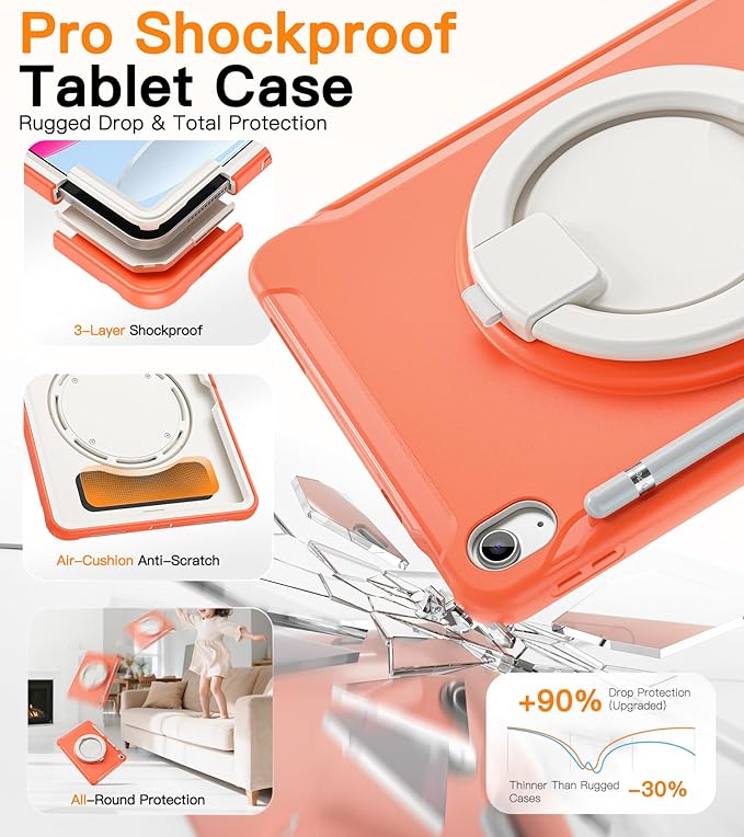 BATYUE Shockproof Case for iPad 10th Gen 10.9 2022 / 11th Gen (A16) 11 2025 | 360° Multi-Angle Stand (Portrait &amp Landscape) &amp Grip Built-in Screen Protector Pencil Holder Coral Orange