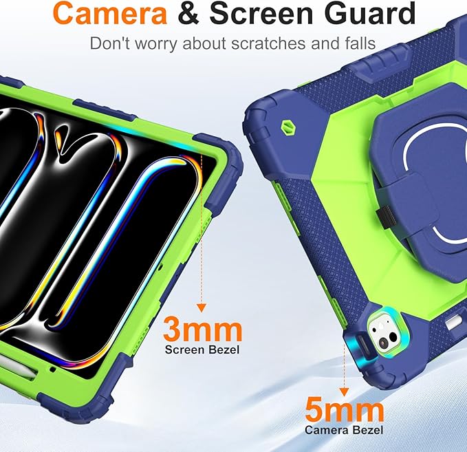 Case for iPad Pro 13 Inch M5 2025 / M4 2024 Auorld for iPad Pro 13 Inch M5 2025 with Screen Protector 360 Degree Rotating Stand Shoulder Strap Pencil Holder Navy Green