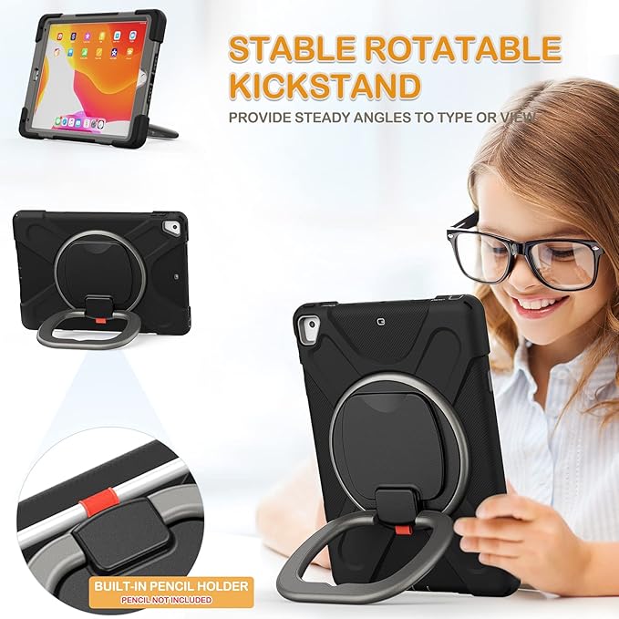 BRAECN Case for iPad 9.7 Inch 6th/5th Generation 2018/2017 iPad Air 2 3-Layer Protective Silicone Cover with Pencil Holder/Hand Grip/Kickstand/Shoulder Strap for iPad 5th/6th Generation-Black+Grey