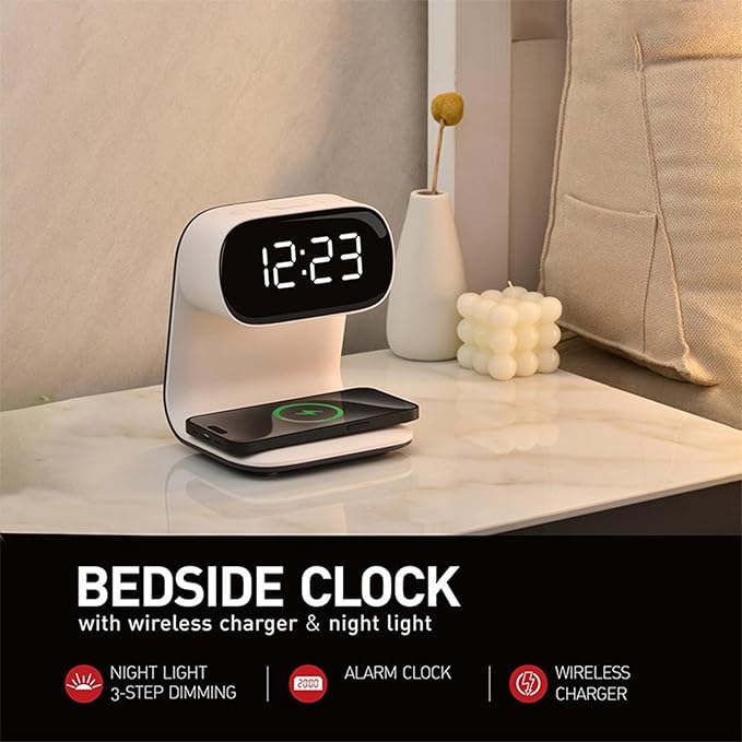 Wireless Charger Alarm Clock Featuring Wireless Charging Clock Alarm 3-Level Lighting 15W Fast Wireless Charging and Compatibility with All Qi-Enabled Devices A40 White.