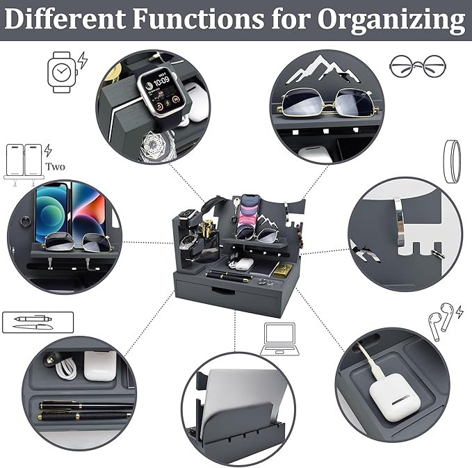 Nightstand Organizer for Men with Large Drawer Wood Phone Docking Station for Phone Apple Watch Wallet &amp Keys Ideal Birthday Gift for Father Husband Bedside Desk Organizer (Grey)