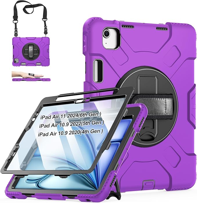 Case for iPad Air 11 M4 2026/ M3 2025/ M2 2024: Silicone Cover for iPad Air 5th &amp 4th Generation 10.9 Inch (2020/2022) with Screen Protector- Stand- Handle- Shoulder Strap- Pencil Holder