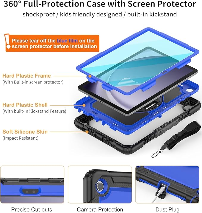 DUNNO Samsung Galaxy Tab A9+ Plus 11 Inch 2023 Case Shockproof with Screen Protector 360 Rotating Stand Hand &amp Shoulder Strap (Black/Blue)