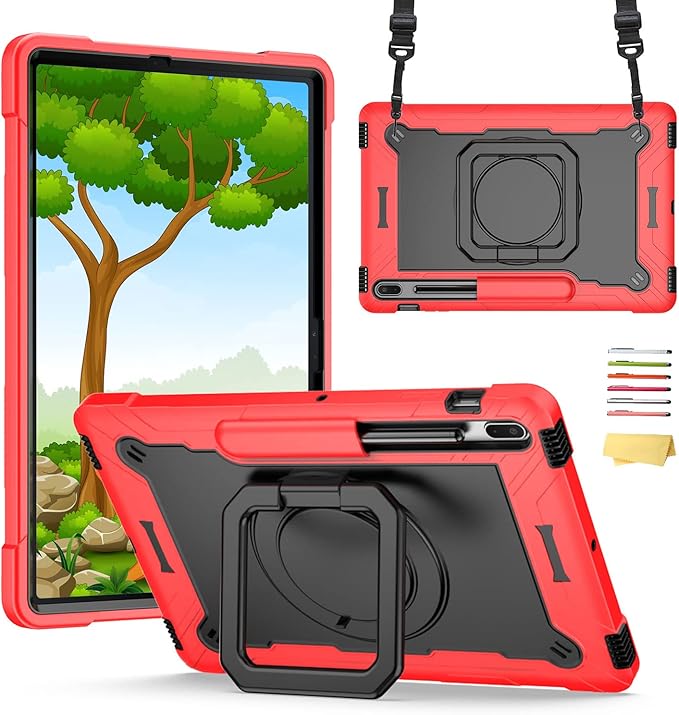 Stand Case for Samsung Galaxy Tab S8 Plus 2022/Tab S7 FE 5G 2021/Tab S7 Plus 2020 Case 12.4 inch 360 Degree Rotating Kickstandwith Hand/Shoulder Strap Rugged Shockproof Cover Red &amp Black