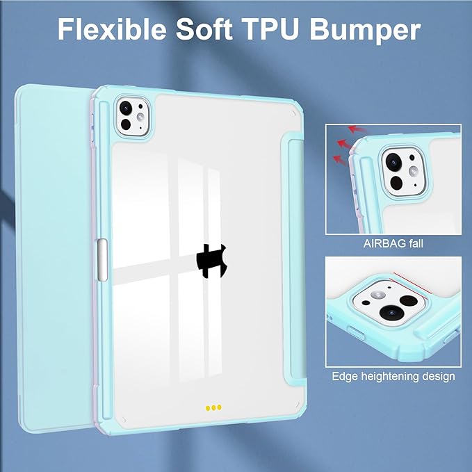 Folio Stand Case for iPad Pro 13 inch M4 (2024) with Clear Transparent Back &amp Soft TPU Shockproof Frame Cover [Pencil Holder] [Auto Sleep/Wake] Smart Lightweight Trifold Shell Sky Blue