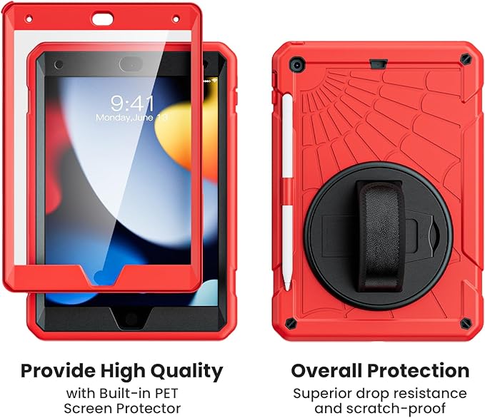 for iPad 9th Generation 2021/ iPad 8th Generation 2020/ iPad 7th Generation 2019 Case with Screen Protector Pencil Holder [360° Rotating Hand Strap] &amp Stand for iPad 10.2 inch (Red)