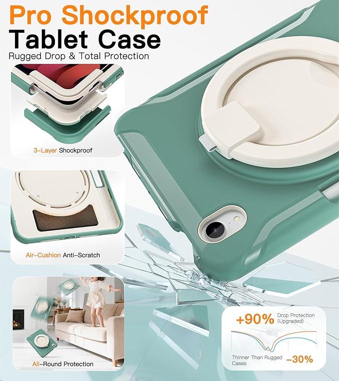 BATYUE Shockproof Case for iPad mini 7 (A17 Pro)/ Mini 6 8.3 inch (2024/2021) - 360° Multi-Angle Stand (Portrait &amp Landscape) &amp Grip Built-in Pencil Holder Jade Green