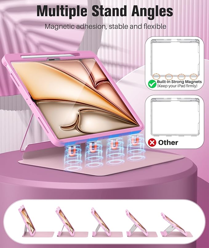 MoKo for iPad Air 13-Inch Case (M4/M3/M2) 2026/2025/2024 with Pencil Holder Heavy Duty 13 Inch iPad Air Case with Screen Protector Clear Back Lens Protector Multi-angle Magnetic StandNosegay Pink
