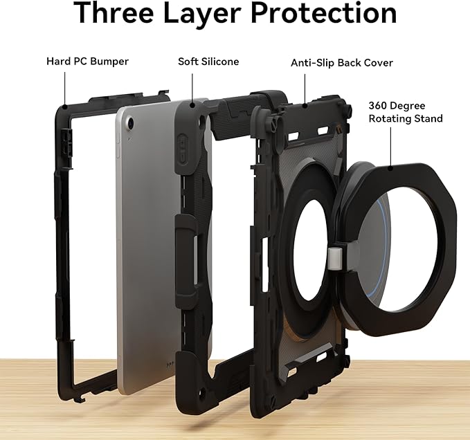 ACEMO for iPad Air 13 inch Case M3 2025 &amp iPad Air 13 inch Case M2 2024 with Pencil Holder 360° Rotating Kickstand Handle Shoulder Strap for Kids Girls Heavy Duty Protective Cover Black