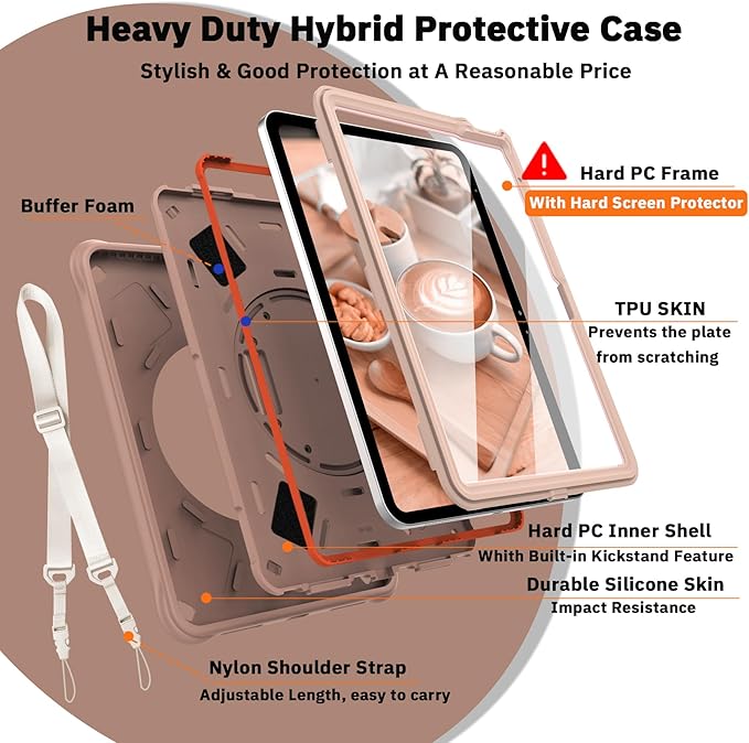 Case for iPad A16 11-inch (2025) &amp iPad 10th Gen 10.9-inch (2022) HD Screen Protector Strong Military-Grade Full-Body Shockproof Protection 360° Rotating Handle Strap &amp Shoulder StrapLatte