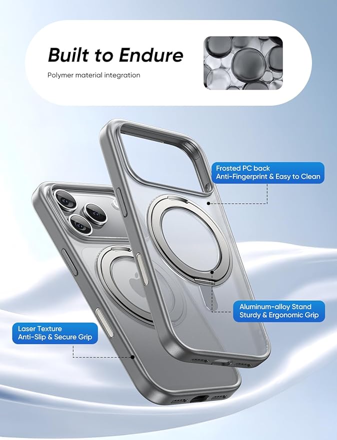 MAGIC JOHN 360° Rotatable Magnetic Invisible Stand for iPhone 17 Pro Case [Camera Control Button] [Compatible with MagSafe] 16FT Shockproof for iPhone 17 Pro Case with Kickstand Gray