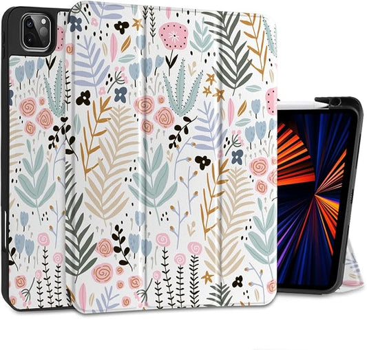 DONGKE Case for 2022/2021/2020/2018 iPad Pro 11 inch Gen 4/3/2/1 - Slim Protective Case - Built in Pencil Holder Support Charging - Trifold Stand &amp Sleep/Wake Cover - Tiny Flowers