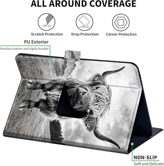 for Universal 10 10.1 Inch Android Tablet Case 360 Degree Rotating Leather Stand Folio Cover for iPad 9.7/10.2/10.5/Galaxy Tab 9-10.5/Fire HD10 &amp More 9.0-10.5 Inch TabletBlack Cute Cow