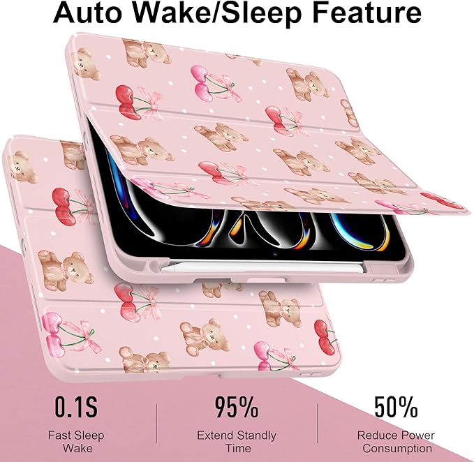 TWOLSKOO Case for iPad Pro 11-inch (M5 2025 / M4 2024) Clear Acrylic Back with TPU Bumper Pencil Holder Trifold Stand Auto Sleep/Wake Lovely Bear