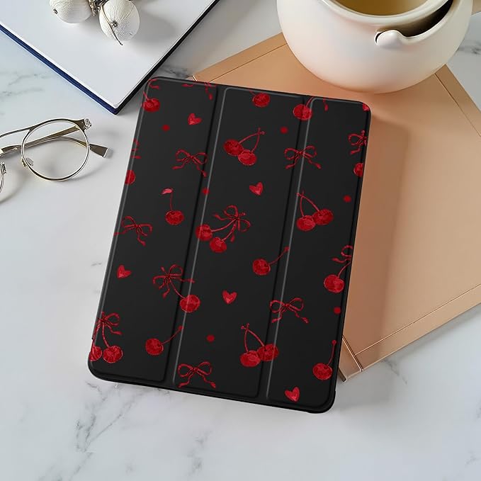 Idocolors Cute Red Bow Cherry Case for 10.9 iPad 2022/2025(10th/11th Gen) Tri-Fold Tablet Case with Auto Wake/Sleep &amp Pencil Holder - Vibrant Protective Cover for Women Girls and Teens (Black)