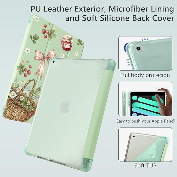 Cute Strawberry Bow for iPad Pro 11 Inch Case 4th/3rd/2nd Generation 2022/2021/2020 with Pencil Holder Auto Sleep/Wake Green Leather Soft TPU Back Cover