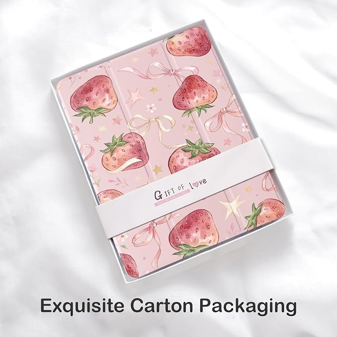 Cute Strawberry Ribbon Bow for iPad Pro 13 Inch Case (M5/M4) 2025/2024 with Pencil Holder Auto Sleep/Wake Pink Leather Soft TPU Back Cover