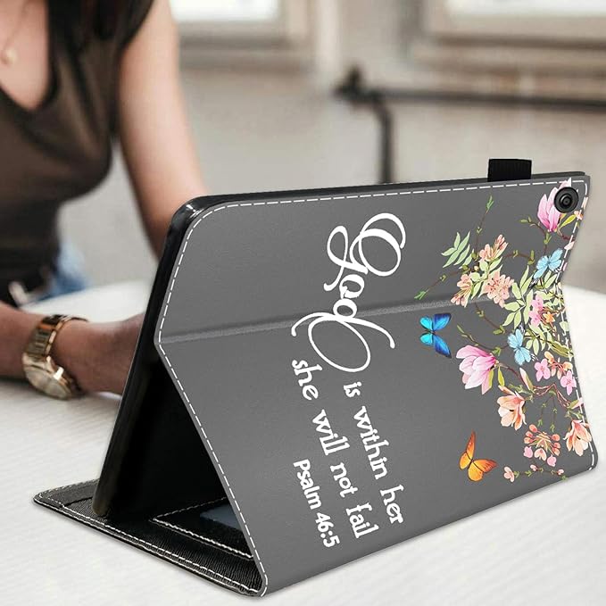 Case for Amazon Kindle Fire HD 10 Tablet (10.1 Inch 9th/7th Generation 2019/2017 Release) Premium PU Leather Stand Cover with Auto Wake Sleep Floral Quote Bible Verse Psalm 46:5