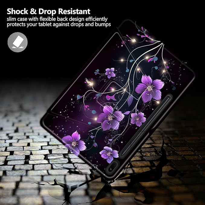 Purple Flower Pattern Case for Samsung Galaxy Tab S8 Plus 2022/S7 FE 2021/S7 Plus 2020 12.4 InchBFDHGQZC 360 Degree Rotating Stand Protective Cover with Auto Sleep/Wake
