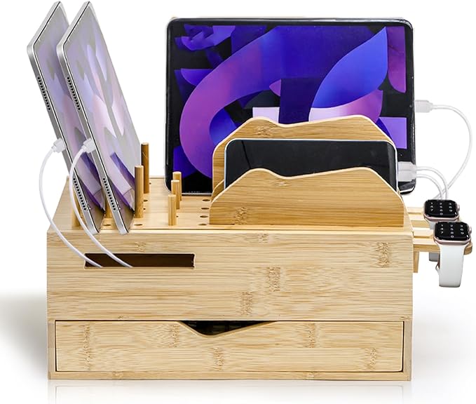 Yopay Family Charging Station with Drawer Bamboo Charging Station for Multiple Devices Cell Phone Docking Stations Organizer for Tablet Laptop Nightstand Bedside Desk Device Charger Organizer