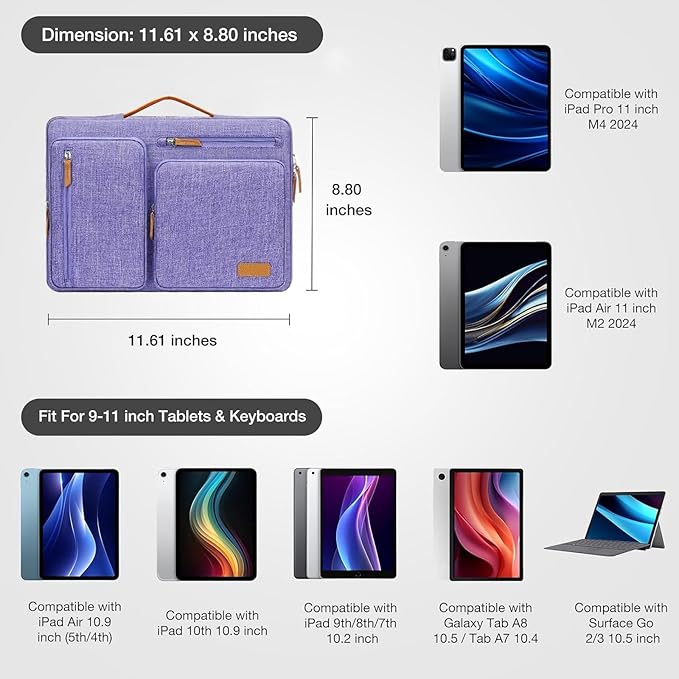 MOSISO 9-11 inch Tablet Sleeve Case for iPad A16 2025 iPad Air 11 inch M3 M2 iPad Pro 11 M4 iPad 10/9/8/7th Galaxy Tab A9+/S9/S8/Plus 11 Side Open Carrying Bag with 4 Zipper Pockets Purple