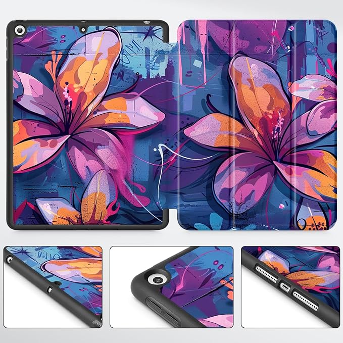 Mektron Designed Printed iPad 10.2 Case 9th Gen (2021)/ 8th Gen (2020)/ 7th Gen (2019) with Pencil Holder Slim Stand Protective Case with Soft TPU Back for iPad 10.2 Inch Graffiti Flower