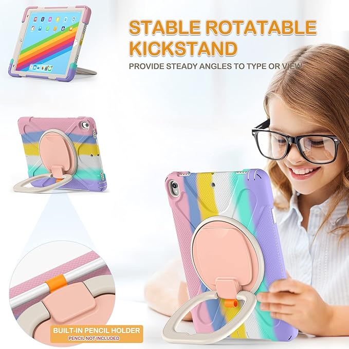 BRAECN iPad Air 3 10.5 2019 Case Protective Silicone Case with Hand Grip Pencil Holder Kickstand Shoulder Strap for iPad Air 10.5 (3rd Gen)/iPad Pro 10.5 Inch-Colorful Pink