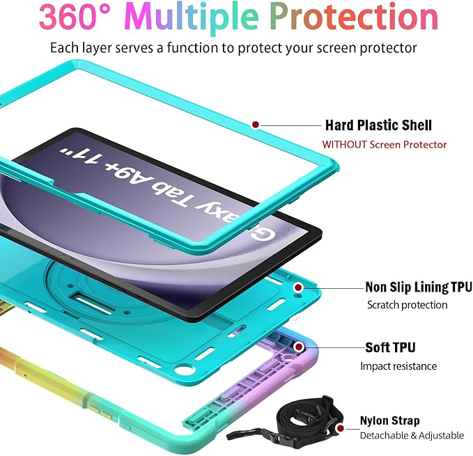 BMOUO CASE for Samsung Galaxy Tab A9+/A9 Plus Case 11 2023 (SM-X210/X216/X218) Shockproof Galaxy Tab A9 Plus Case with Rotating Stand and Hand/Shoulder Strap Turquoise