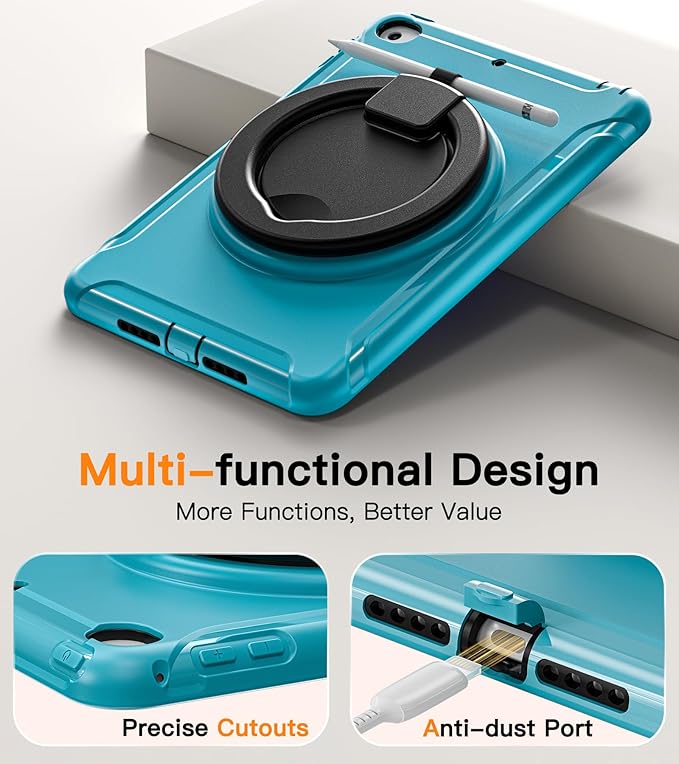 BATYUE Shockproof Case for iPad mini 4/5 (2015/2019) - 360° Multi-Angle Stand (Portrait &amp Landscape) &amp Grip Pencil Holder (Elastic Loop) Multi-Scene for All Ages Lake Blue