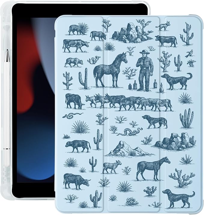 Western Cowboy for iPad Air 13 Inch Case M3 2025/M2 2024 with Pencil Holder Auto Sleep/Wake Blue Leather Soft TPU Back Cover