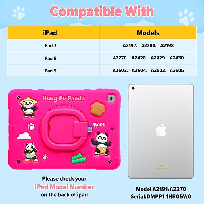 Case for iPad 9th/8th/7th Generation iPad 10.2 Inch 2021/2020/2019 Funny Cartoon Silicone 3D Panda Design Kids Case Heavy Duty Protection with Stand/Pencil Holder/Shoulder Strap (Rose)