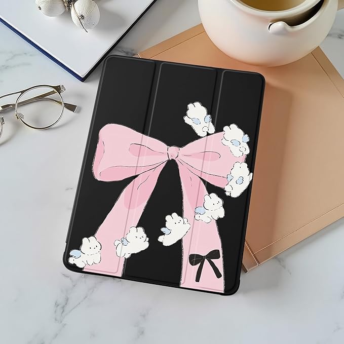 Idocolors Case for iPad 11 inch (A16 Chip) 2025 Generation 11th / iPad 10.9 inch 2022 10th Gen Built-in Pencil Holder with Soft TPU Shockproof Back Shell Auto Wake/Sleep Bunny Bow-Black