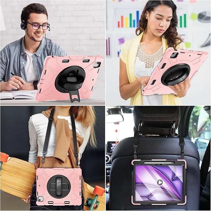 Case for iPad Air 13 Inch M4/M3/M2 (2026/2025/2024): Silicone Shockproof Case with Screen Protector - Stand - Handle - Shoulder Strap - Pen Holder- Pink