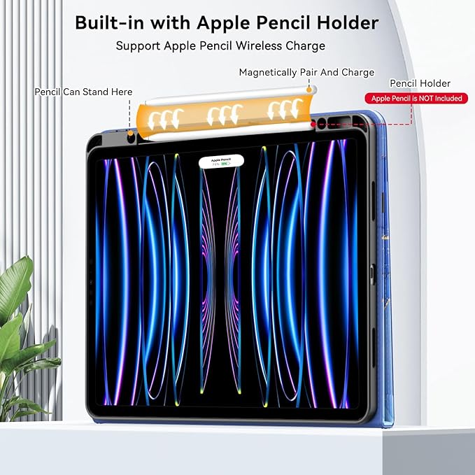 Case for New iPad Pro 12.9 inch 6th/5th/4th/3rd Generation 2022/2021/2020/2018 12.9'' ipad Pro Leather Protective Cover 6/5/4/3 Gen with Pencil Holder Auto Wake/Sleep Marble Gary Blue