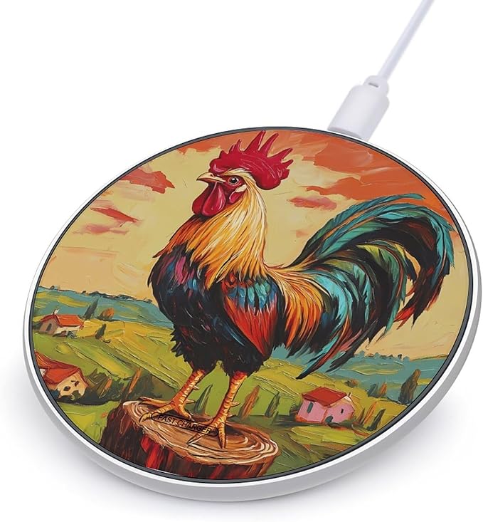 Rooster Standing on A Tree Stump Phone Charger Magnetic Charging Pad Anti-Slip with USB Cable
