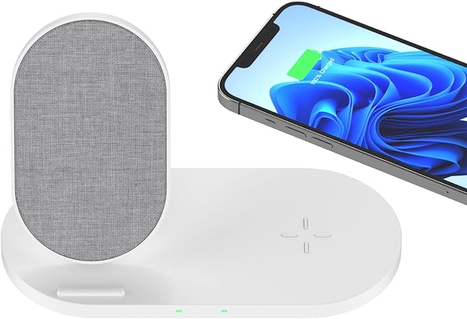 PhoneSuit Novo Dual Wireless Charger Station &amp Dock | Soft Linen Style Fabric | 15 Watt Fast Charge | for iPhone 16/15/14/13/12/X for Samsung S23/S22/S21 &amp More