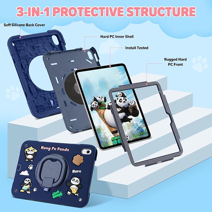 Case for iPad A16 11th Generation 11 Inch 2025 iPad 10th Generation 10.9 Inch 2022 Silicone 3D Panda Design Kids Case Heavy Duty Protection with Kickstand/Pencil Holder/Strap