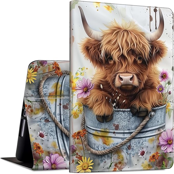 for iPad 9th/8th/7th Generation 10.2 Inch Case 2021/2020/2019 PU Leather Slim Folio Lightweight Multiple Viewing Angles Smart Cover with Auto Wake/Sleep Cute Highland Cow